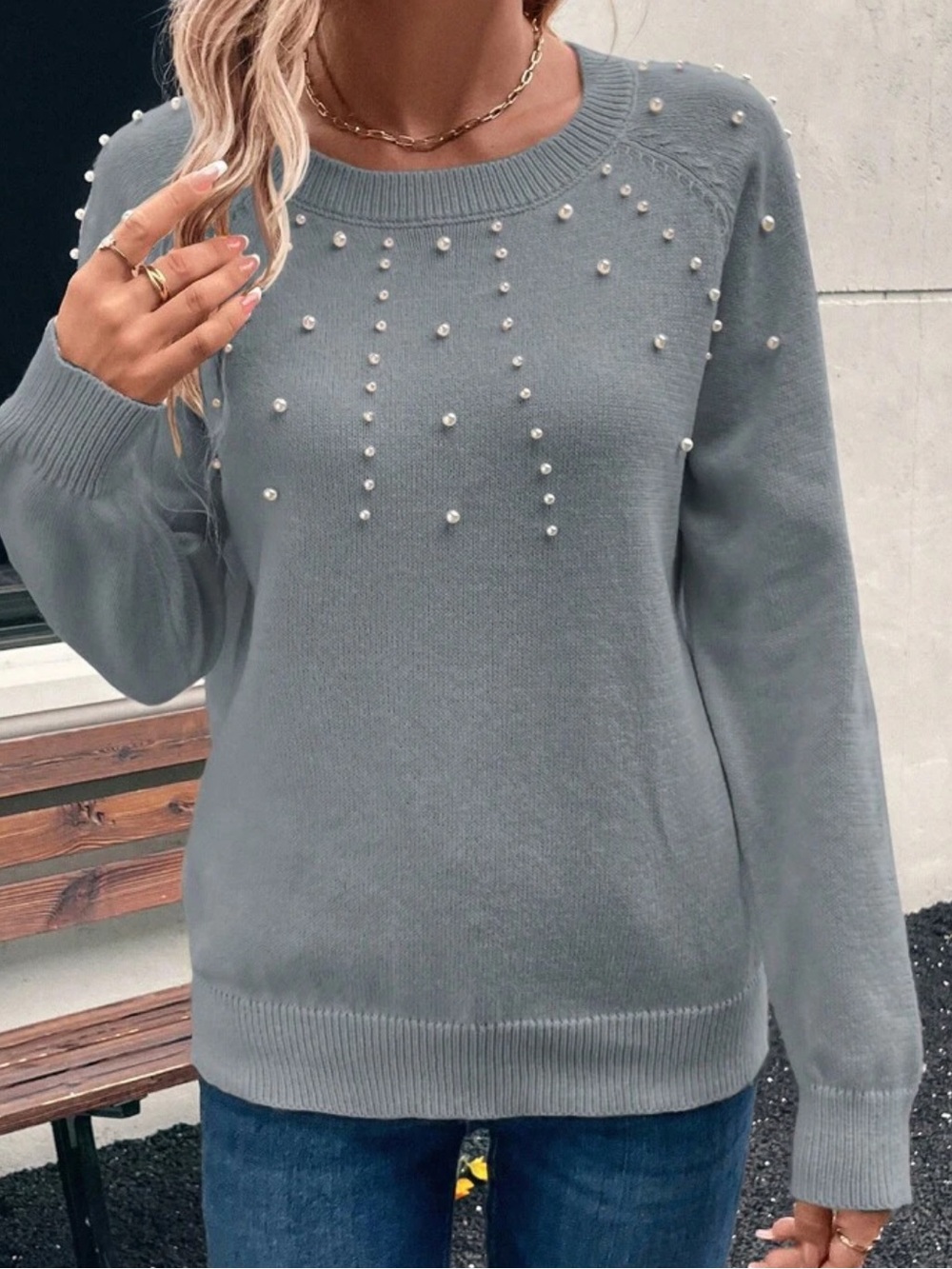 Grey Pearl-Embellished Women's Sweater